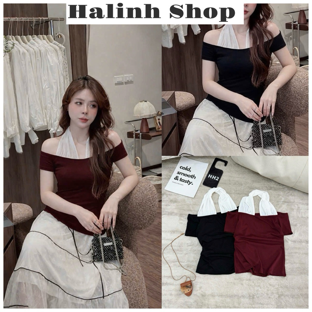 ÁO THUN NỮ PHỐI CỔ YẾM, Áo TRỄ VAI ngắn tay mix cổ yếm tiểu thư, trẻ trung ôm body 2 size S M - Hali