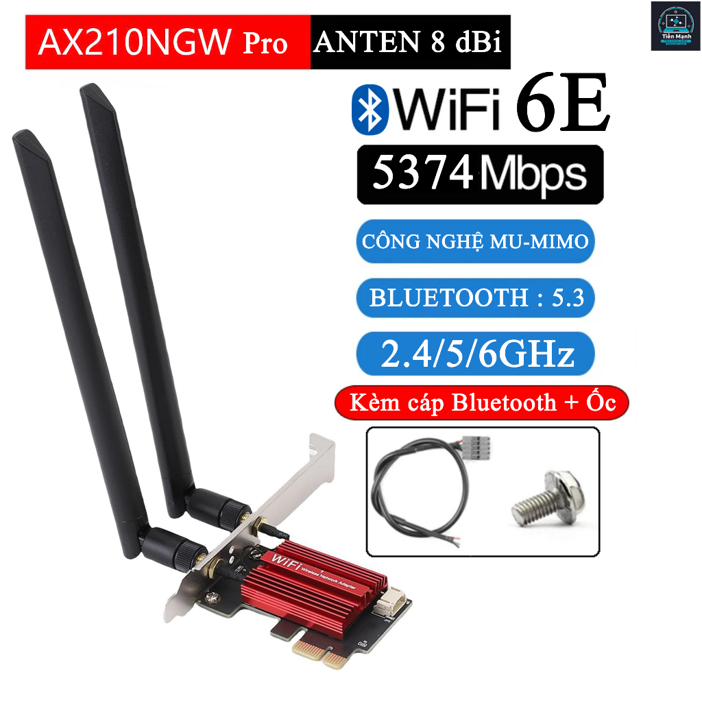 Card Wifi PCIe Intel AX210 WiFi 6E -2.4G/5G/6Ghz 2400Mbps +Bluetooth 5.3 -Card Wifi PC kèm Tản Nhiệt