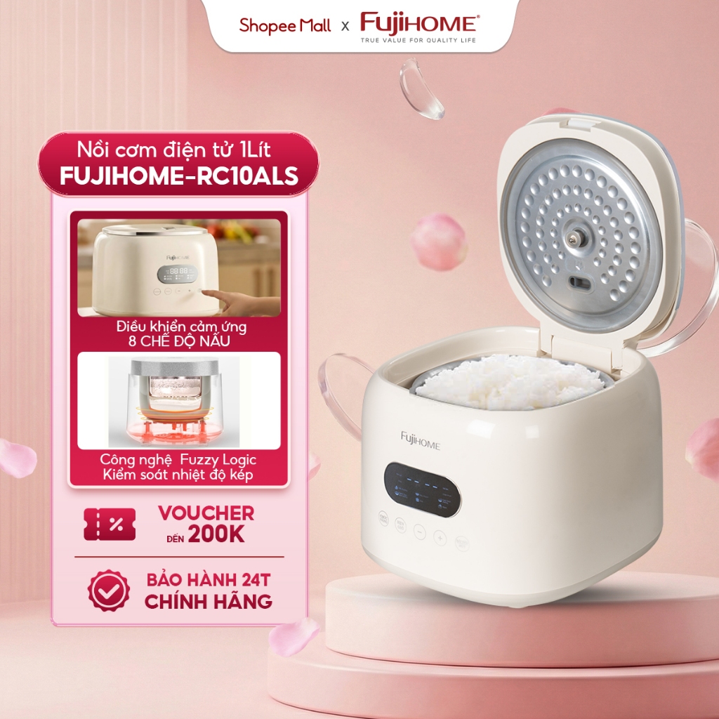 Nồi cơm điện tử 1 Lít tách đường Fujihome RC10ALS, lòng nồi Inox 304, cảm ứng LED 8 chế độ nấu, giữ ấm 75°C