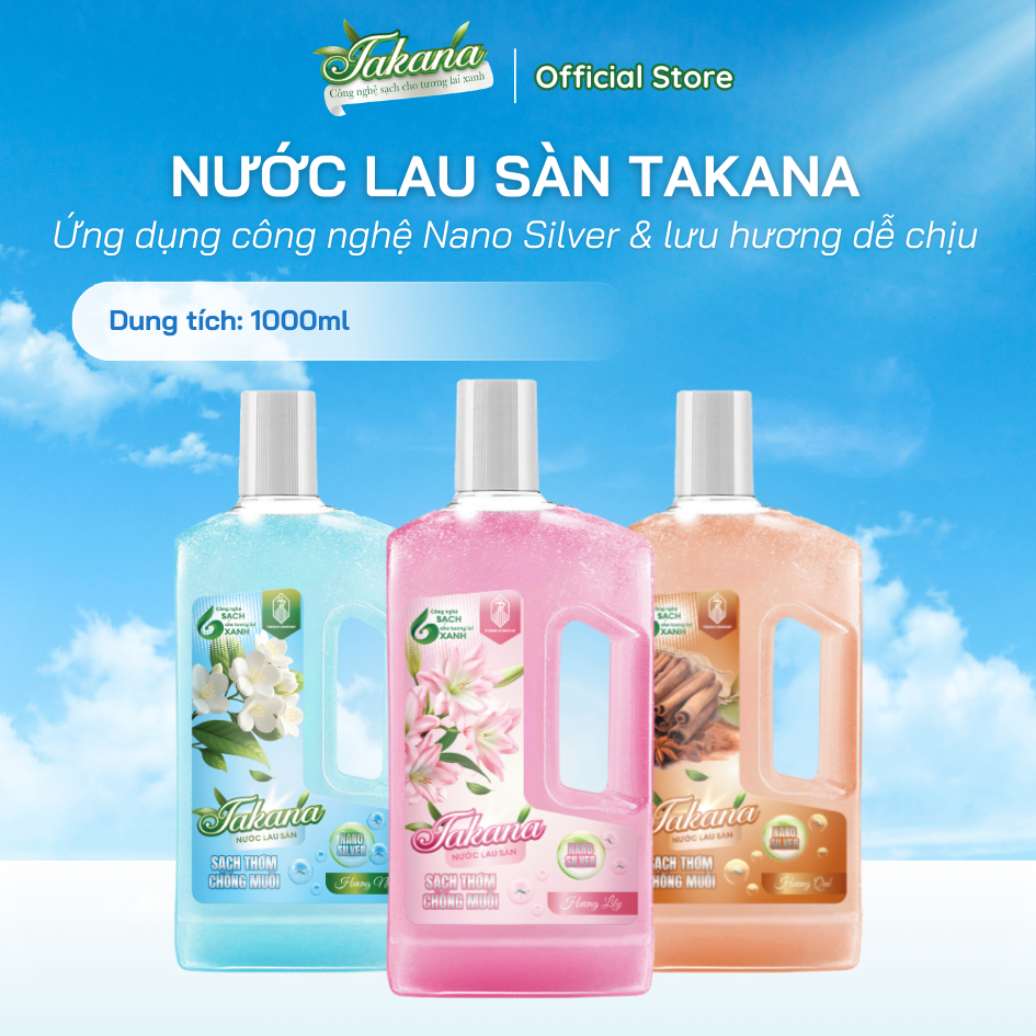 Nước Lau Sàn Takana 1L - Nano Silver Diệt Khuẩn, Sạch Sàn Khử Mùi, Ngăn Côn Trùng, Không Trơn Trượt