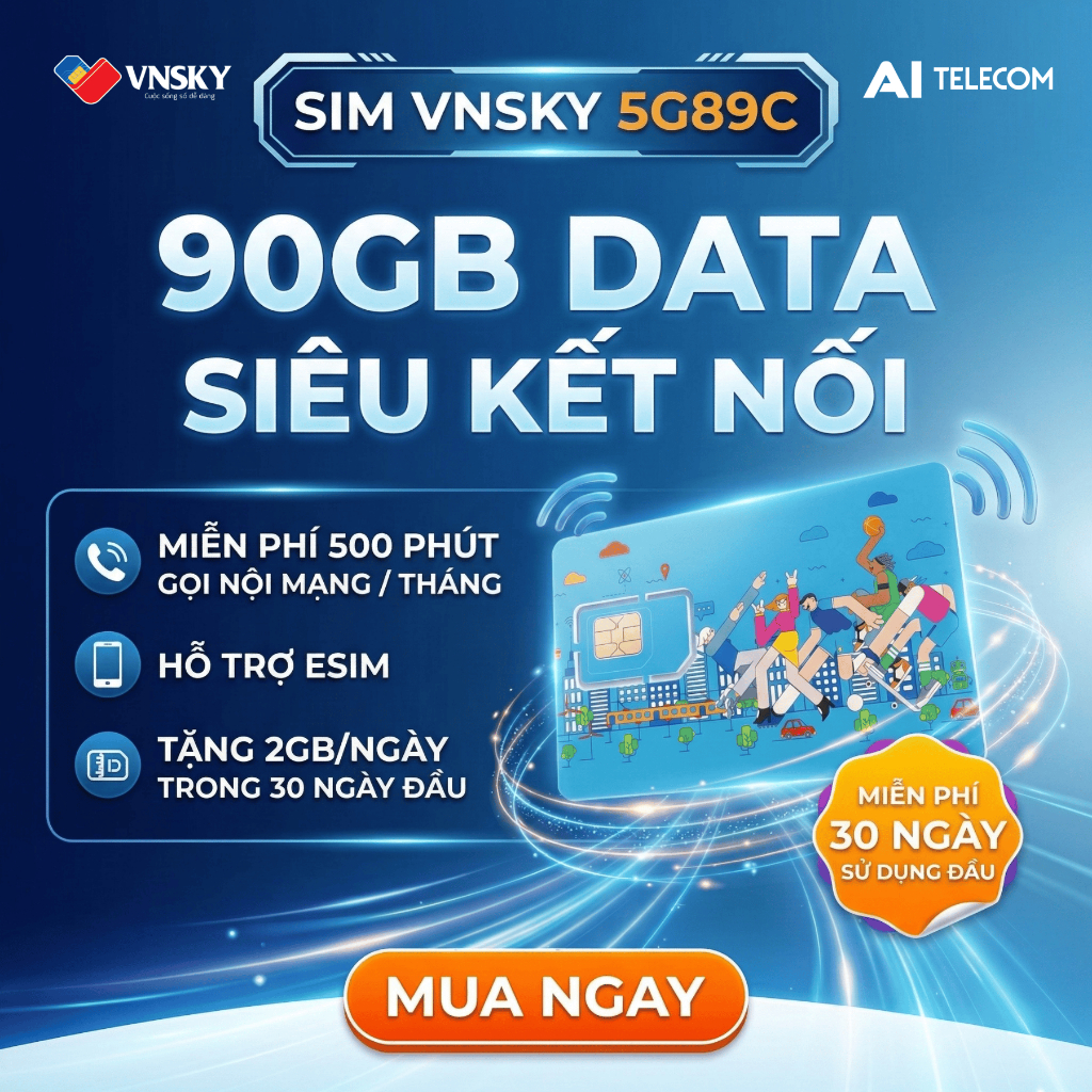 Miễn Phí Tháng Đầu, Sim 4G/5G Nghe Gọi Nội Mạng MobiFone - Sim Data VNSKY 5G89C 5GB/Ngày