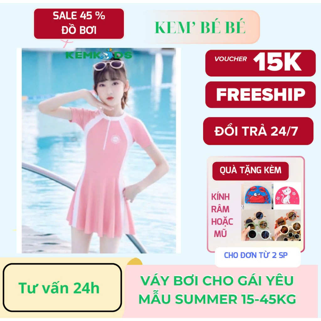 Váy bơi SUMMER Kem Kids bé gái kiểu dáng thể thao . bikini bé gái size đại 18-45kg