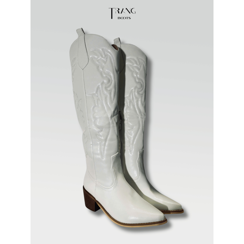 COWBOY KNEE BOOTS TRẮNG HỌA TIẾT NỔI