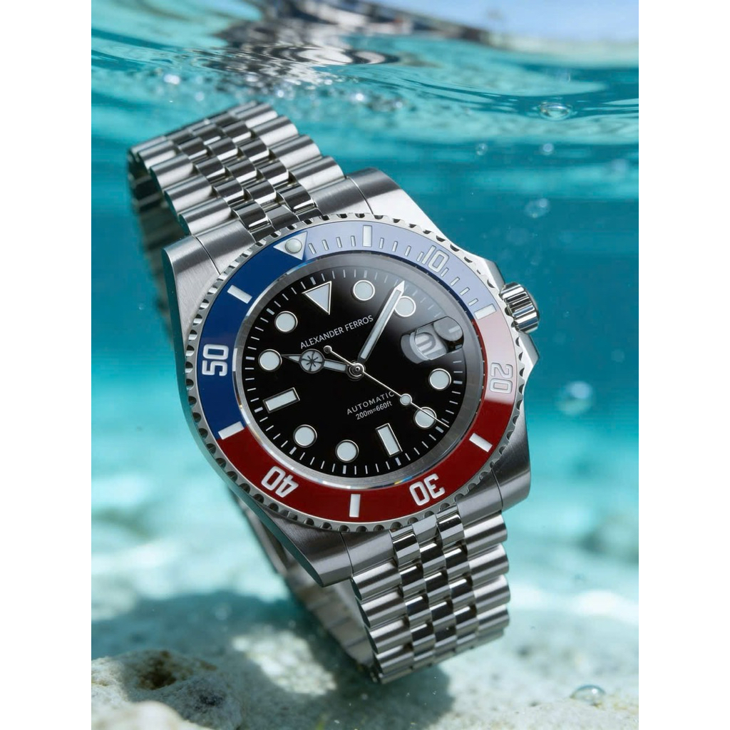 Alexander Ferros diver watch 8352S siêu mỏng, máy 9015, vành gốm ceramic, độ hoàn thiện sắc bén, chị