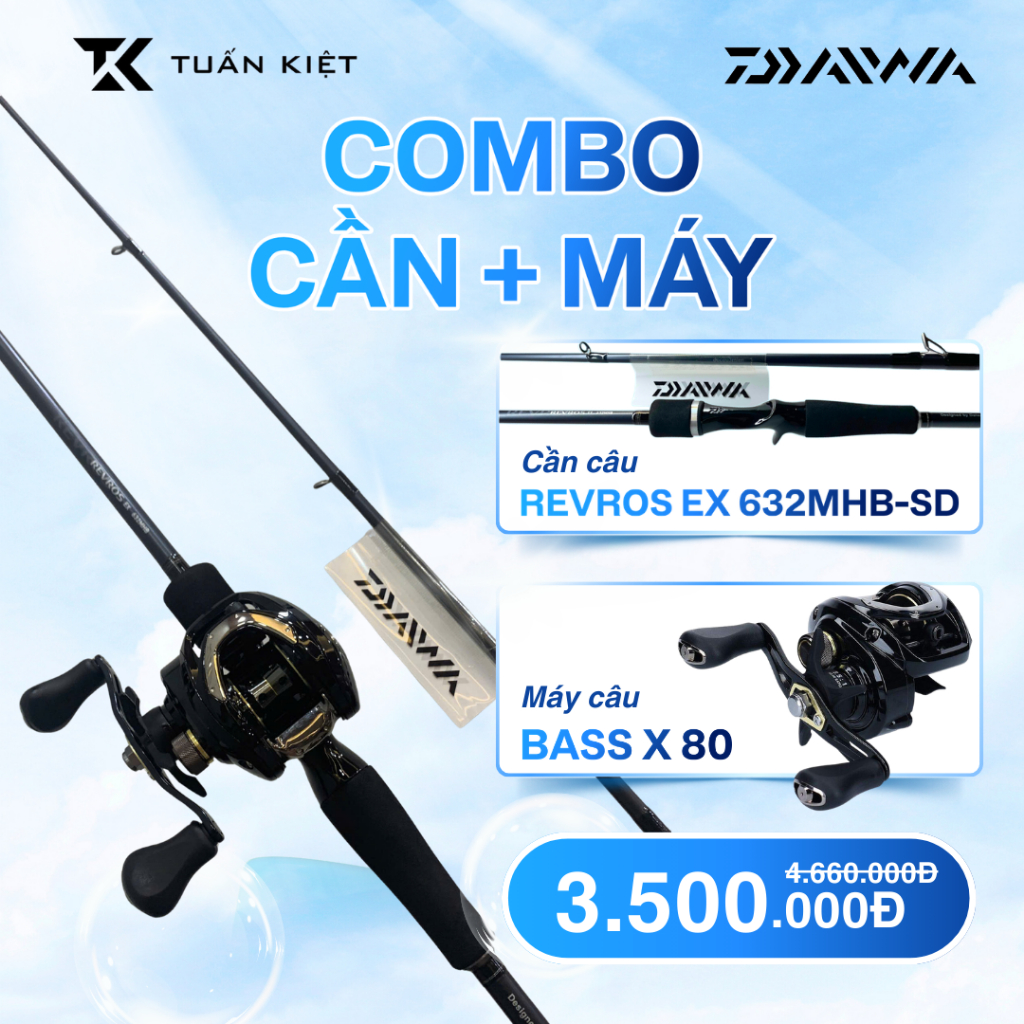 Combo Cần Máy Chính Hãng, Cần lure Daiwa Revros EX + Máy câu ngang Daiwa Bass X 80