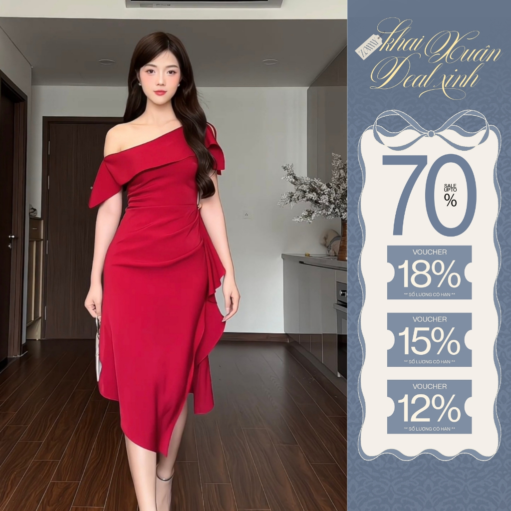 ZAMY SHOP - Váy TK lệch vai vạt bèo xẻ đầm đi tiệc đẹp cho nữ, đầm dáng dài, váy đi ăn đám cưới