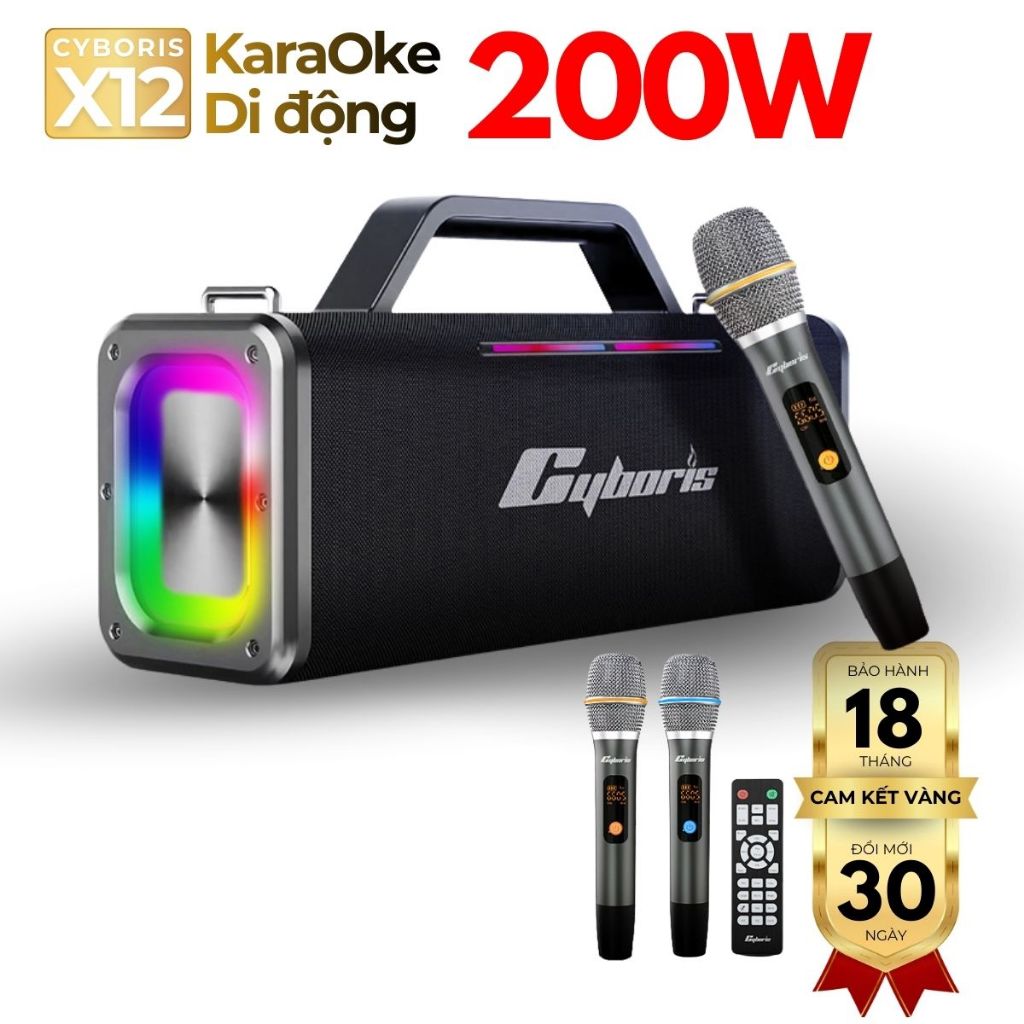 Loa Bluetooth 200W Karaoke Cyboris X12.Pin18000mAh.Bass trầm.2 Mic không dây.Bền bỉ.BH 18 THÁNG