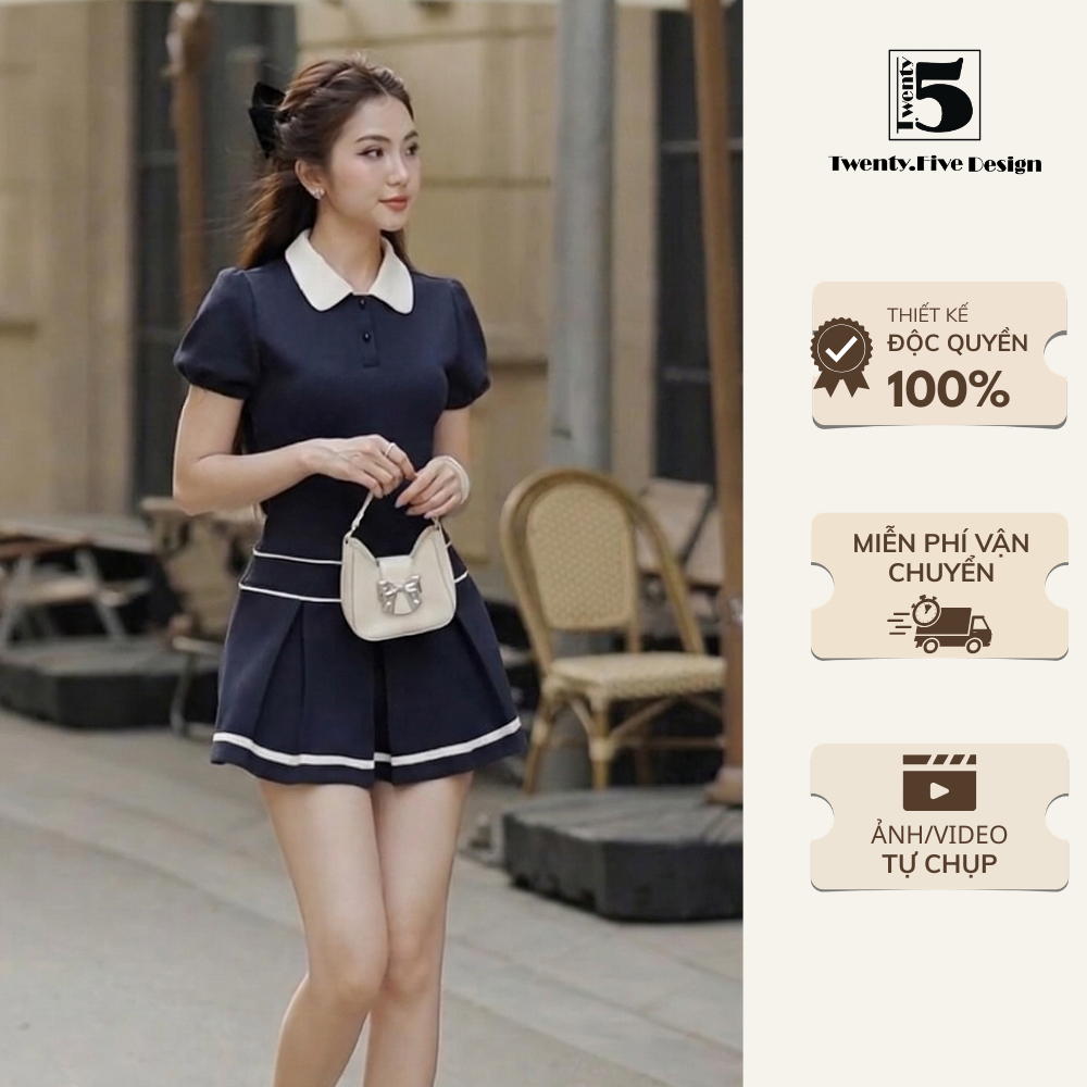 Đầm ngắn tay bồng nữ xếp ly xòe phối cổ cúc, đầm tiểu thư 2 nơ dễ thương đi chơi dạo phố, chơi thể thao Twentyfive DL58