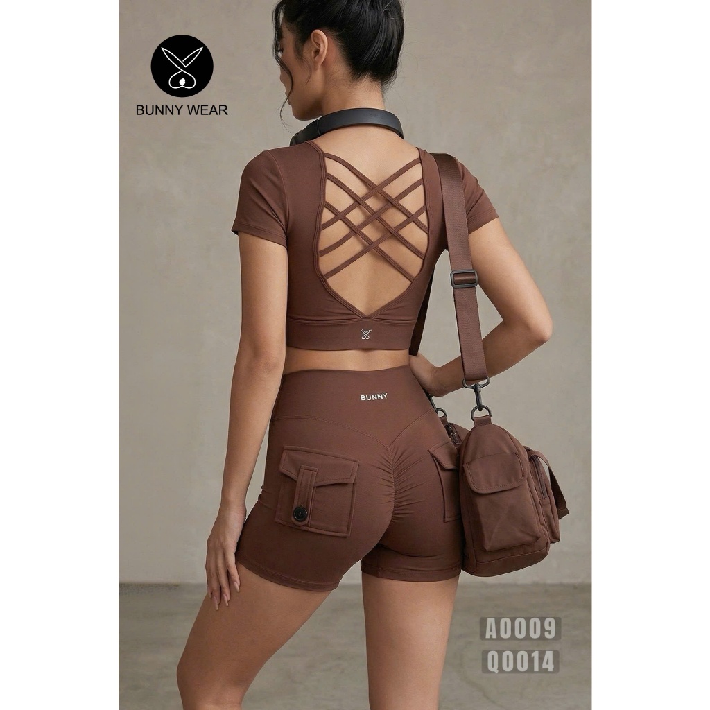 Set tập gồm áo croptop mix quần short chun mông , có túi hack mông siêu cao cấp Bfit A0009-Q0014