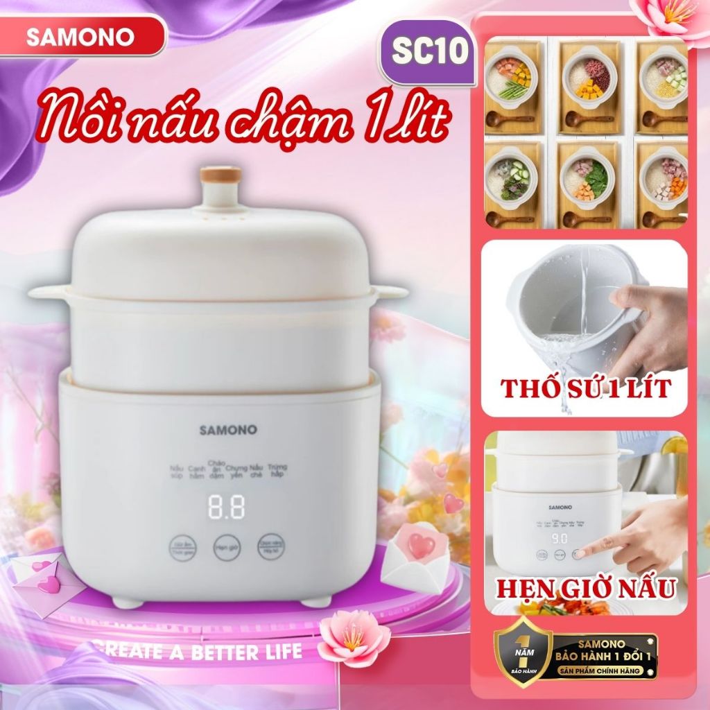 (BH 1 Năm)Nồi nấu chậm đa năng 1L Samono SW-SC10, kèm lồng hấp,thố sứ,hẹn giờ, Nấu Cháo, Chưng Yến, hầm, giữ nhiệt