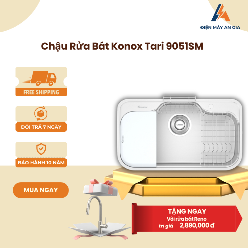 Chậu Rửa Bát Konox Tari 9051SM – Inox SUS304, Bề Mặt Mịn, Thiết Kế Dáng Tròn Mềm Mại – PEB