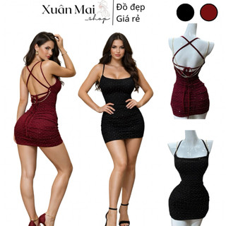 Đầm ôm body nữ form ngắn đan dây hở lưng sẵn mút màu đỏ đen xanh mặc đi chơi Noel, Tết