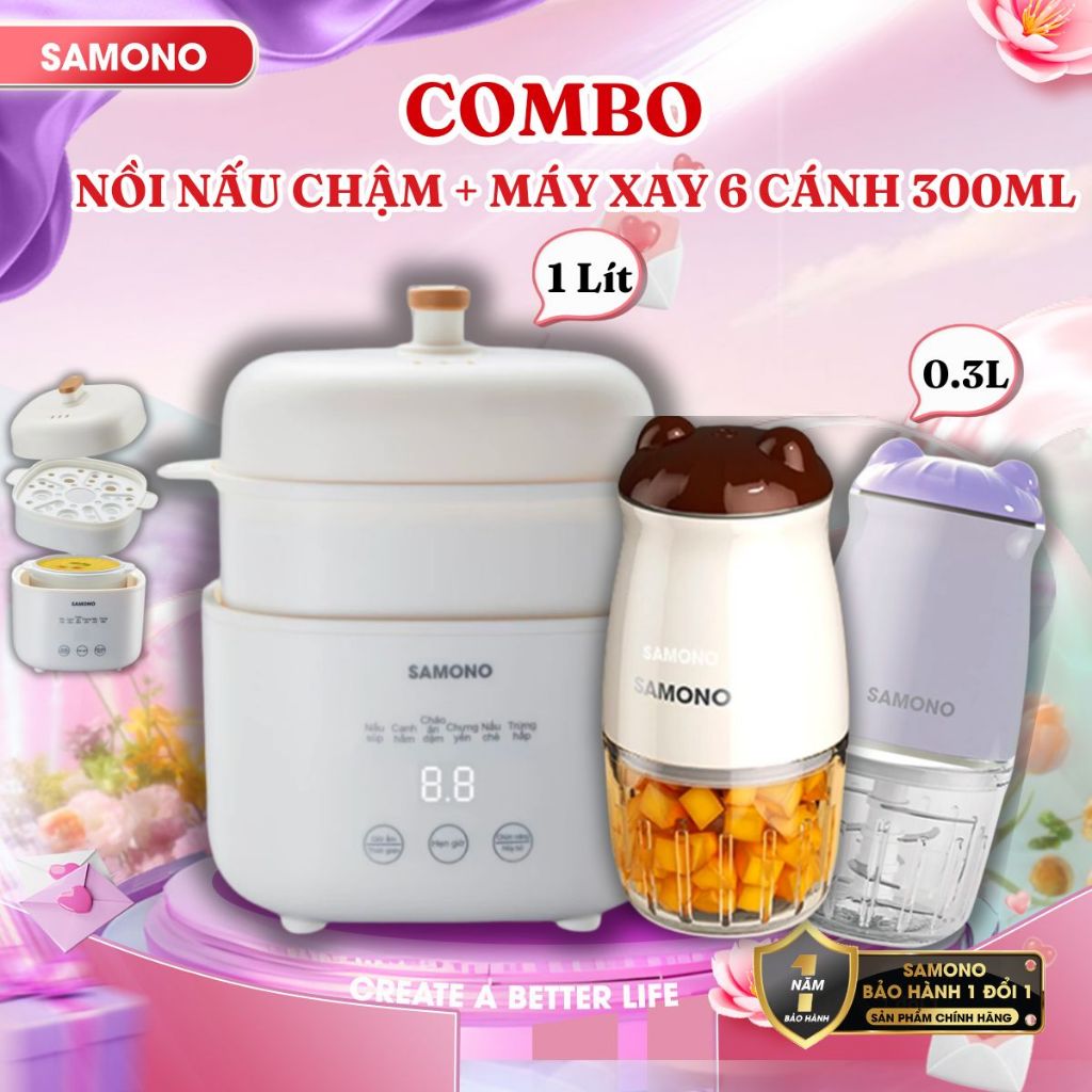 (BH 1 năm) Combo nồi nấu chậm Samono SW-SC10 và máy xay mini ăn dặm cho bé SW-MC200/MC200S
