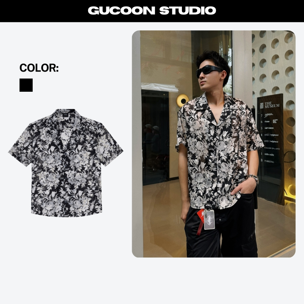 Áo Sơ Mi Nam Tay Ngắn GUCOON Vải Voan Thoáng Mát, Áo Sơ Mi Đi Biển Cuban Shirt Nam Nữ Hoa Đen Trắng