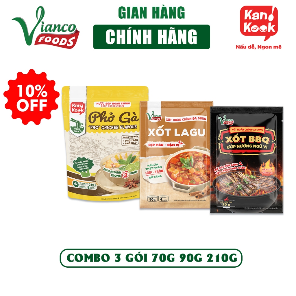 Combo 3 gói xốt các loại Phở Gà 210g, Xốt BBQ ngũ vị hương 70g, Xốt Lagu 90g gia vị ướp thịt, cá, hả
