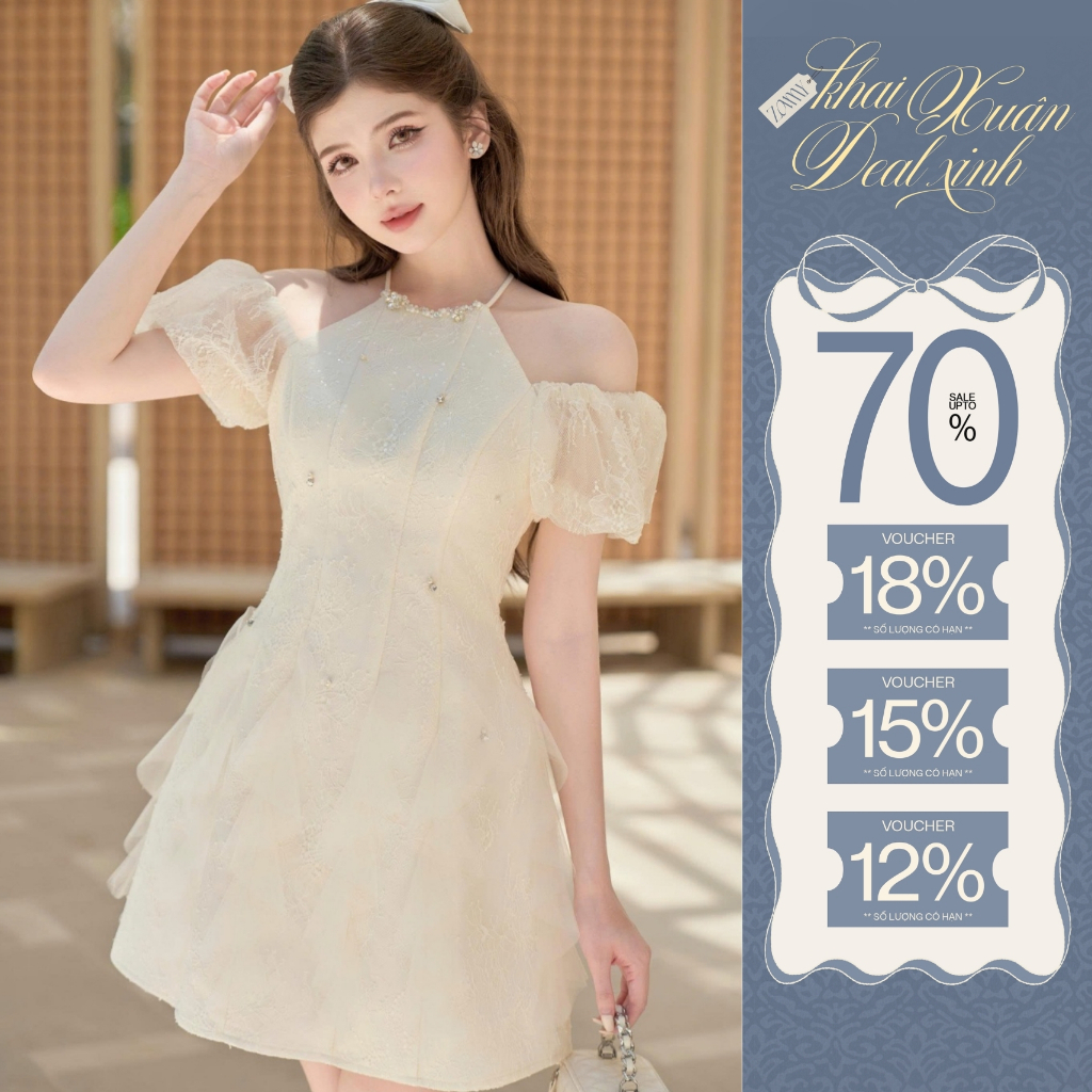 ZAMY SHOP – Váy Zen Lưới Cổ Yếm VN17-T3-25 Tay Trễ Vai Bo Chun
