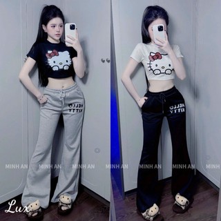Set Bộ Đồ Nữ Áo Thun Kitty Tay Ngắn Croptop + Quần Ống Loe In Kitty Sang Chảnh
