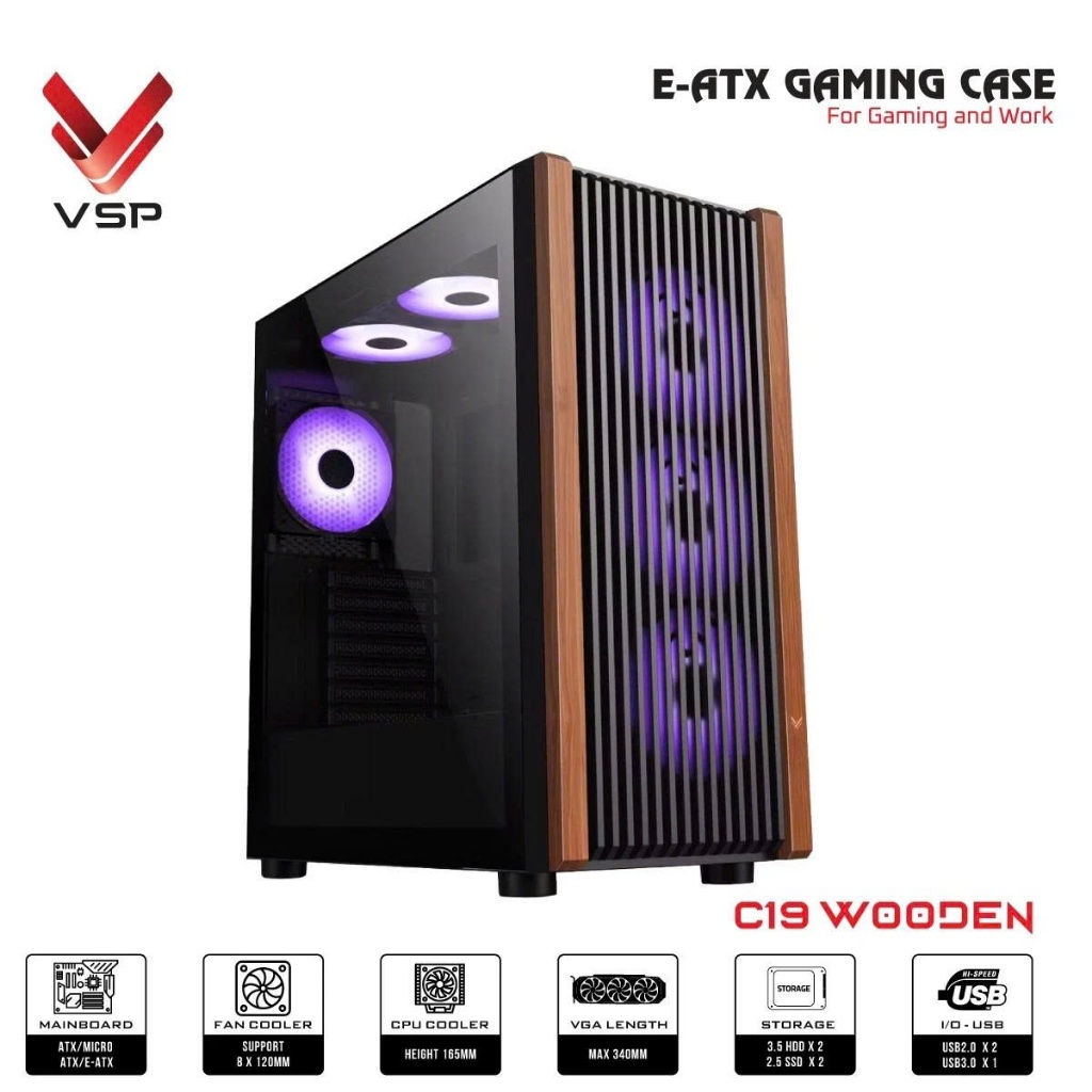 Vỏ case C19 VSP Wooden E ATX lắp main DUAL - Black / White - sp main ATX EATX - X99 2 cpu
