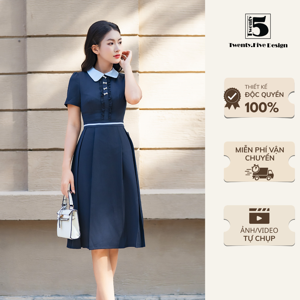 Đầm nữ dáng dài DH136 ngắn tay ôm eo, phối cổ cúc nơ sang trọng – Twentyfive Design