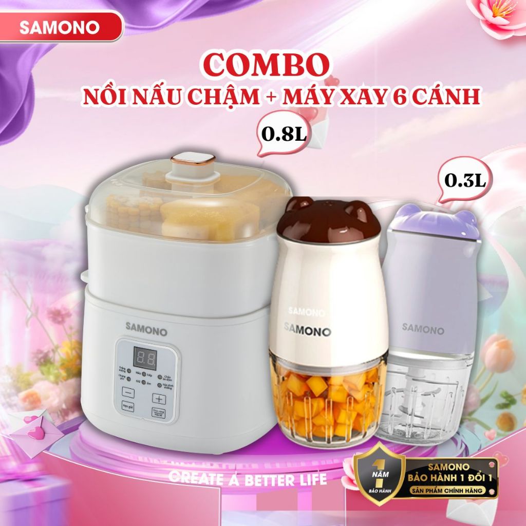 (BH 1 năm) Combo nồi nấu chậm Samono 0.8L SW-SC08B và máy xay mini ăn dặm 300ml cho bé SW-MC200/MC20