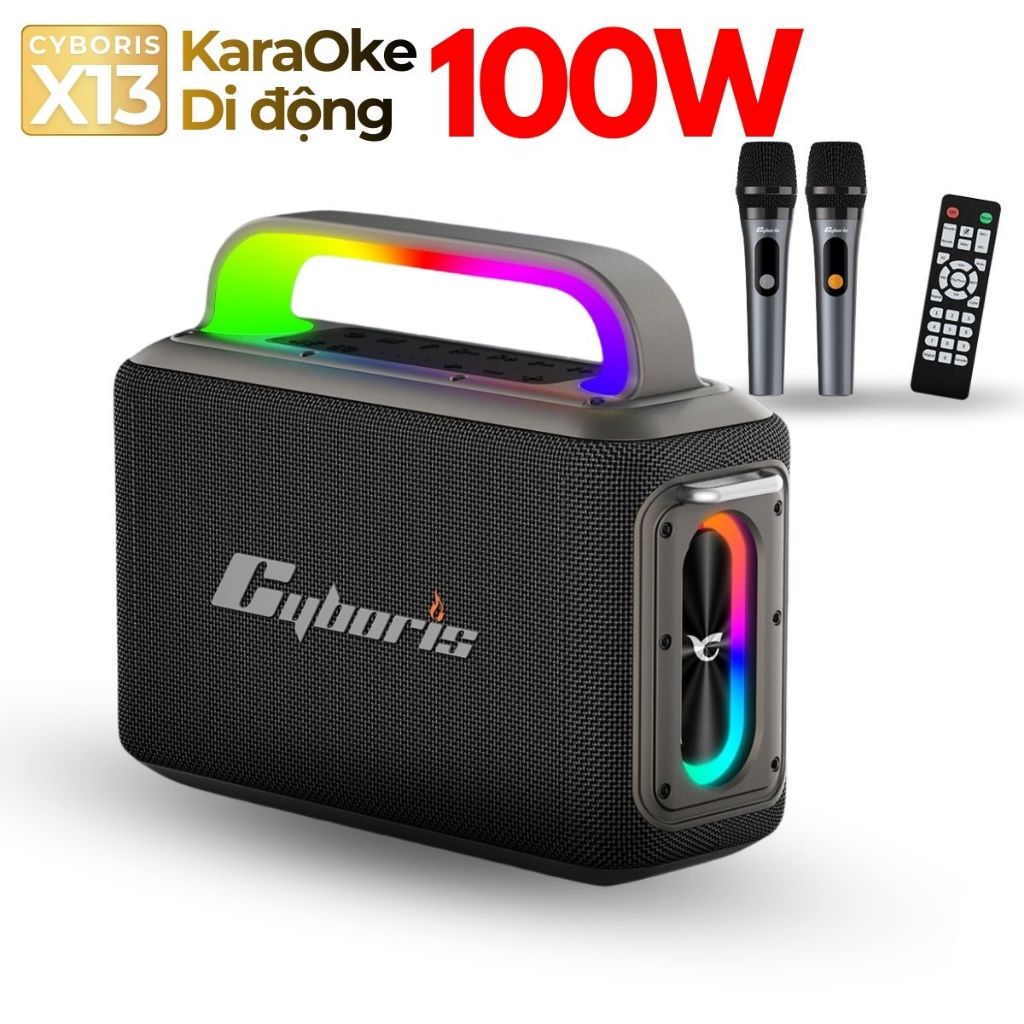 Loa Bluetooth 100W Karaoke CYBORIS X13.Bass Mạnh.2 Micro Không Dây.Pin 12000mAh.BH 18 Tháng