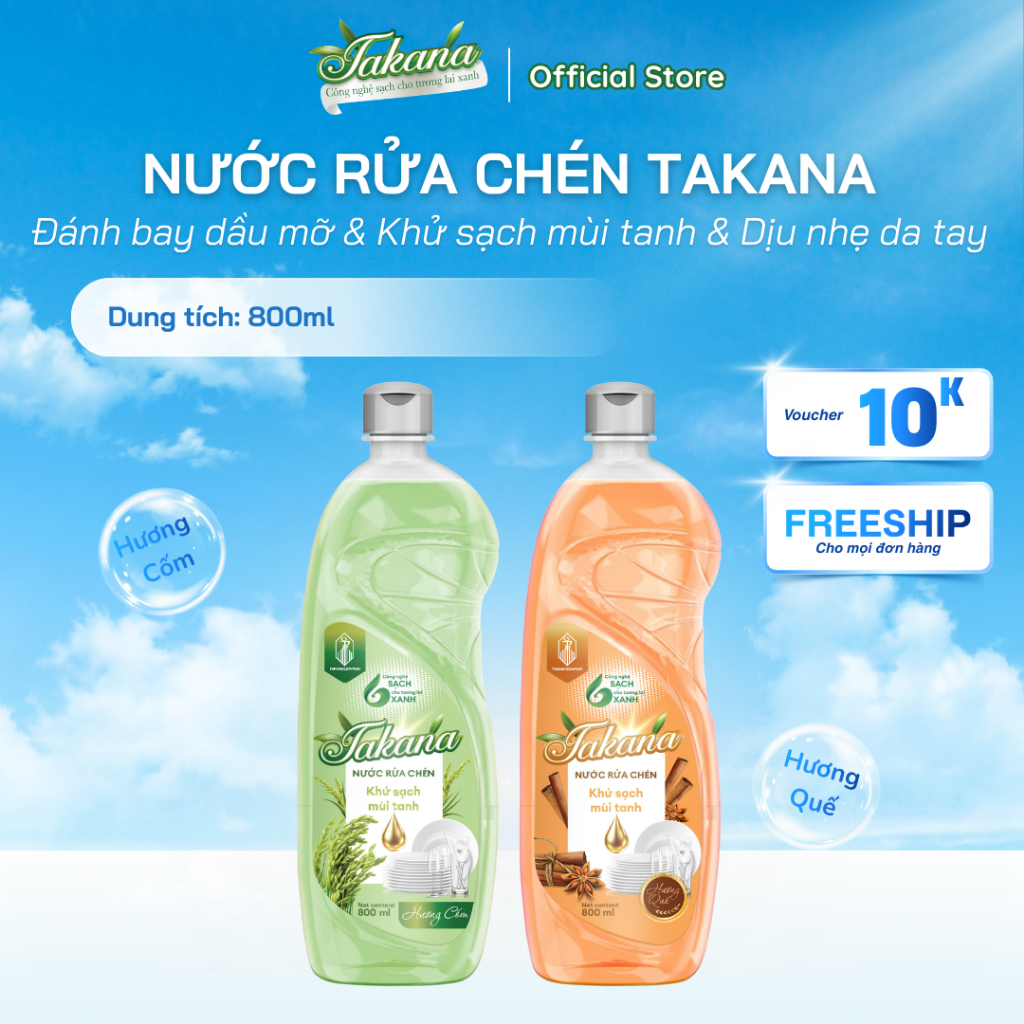 Nước Rửa Chén Bát Takana 800ml - Khử Mùi Tanh, Đánh Bay Dầu Mỡ, Dịu Nhẹ Da Tay
