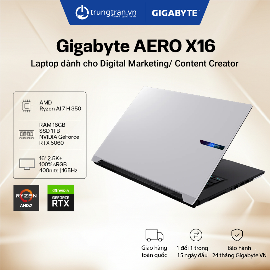 Laptop GIGABYTE AERO X16 (Trắng Bạc) | Ryzen AI 7 350 | 16GB | 1TB | RTX5060 | 16" 2.5K+ | TrungTrần