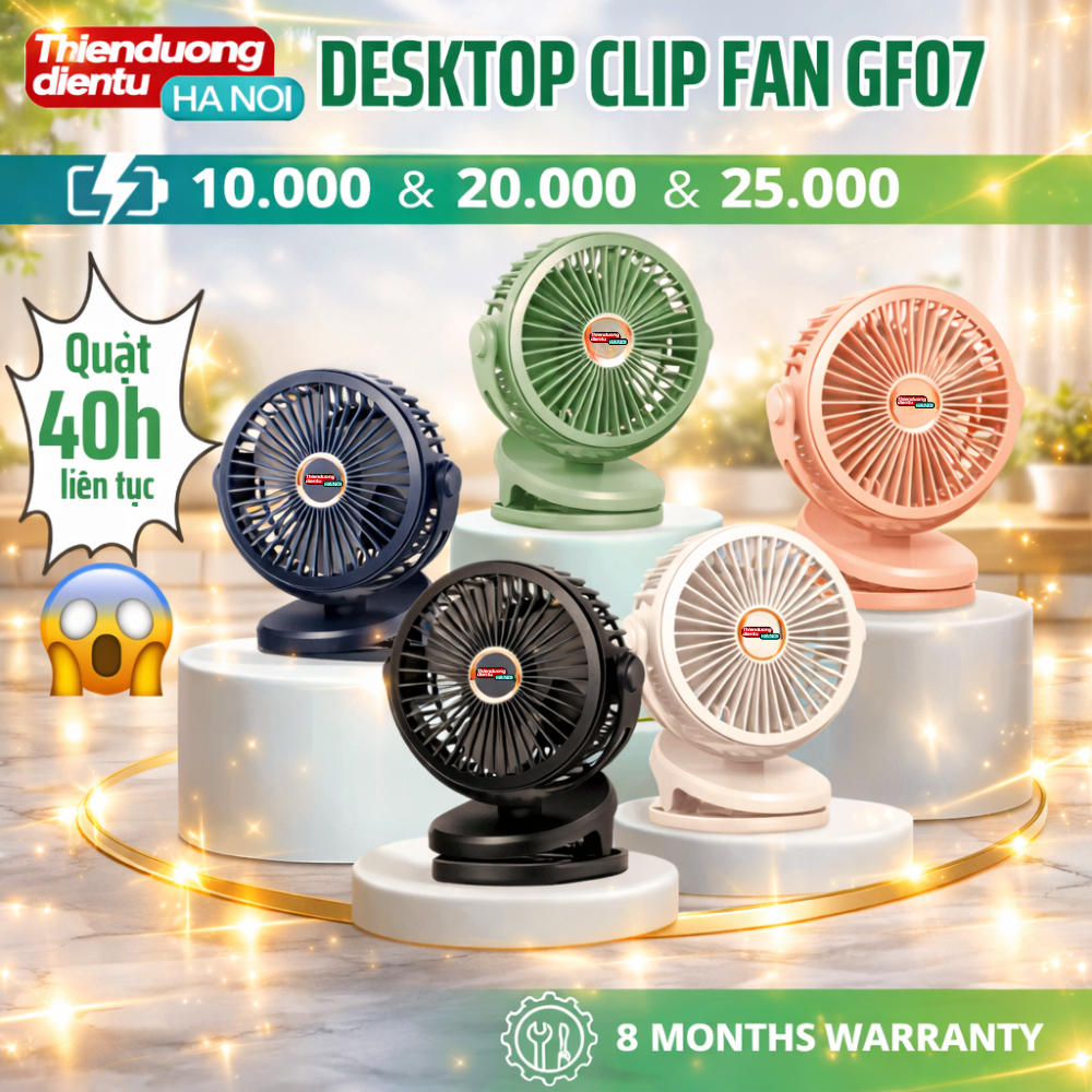 [25000mAx] Quạt mini sạc điện quạt kẹp,GF07 Quạt máy tính để bàn, Điều chỉnh tốc độ 4 tốc độ