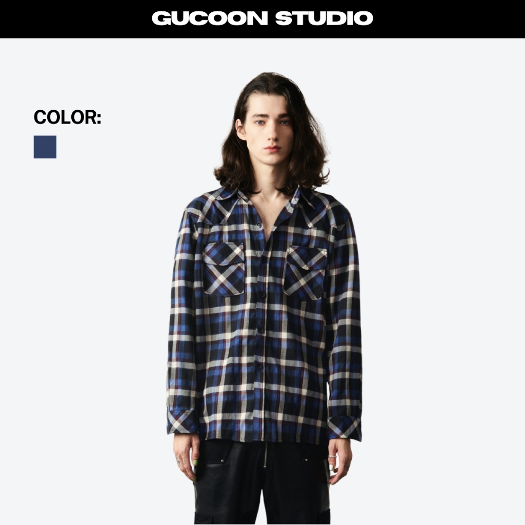 Áo Sơ Mi Nam Tay Dài GUCOON Form Rộng Họa Tiết Kẻ Caro, Áo Sơ Mi Flannel Shirt Local Brand Xanh Blue