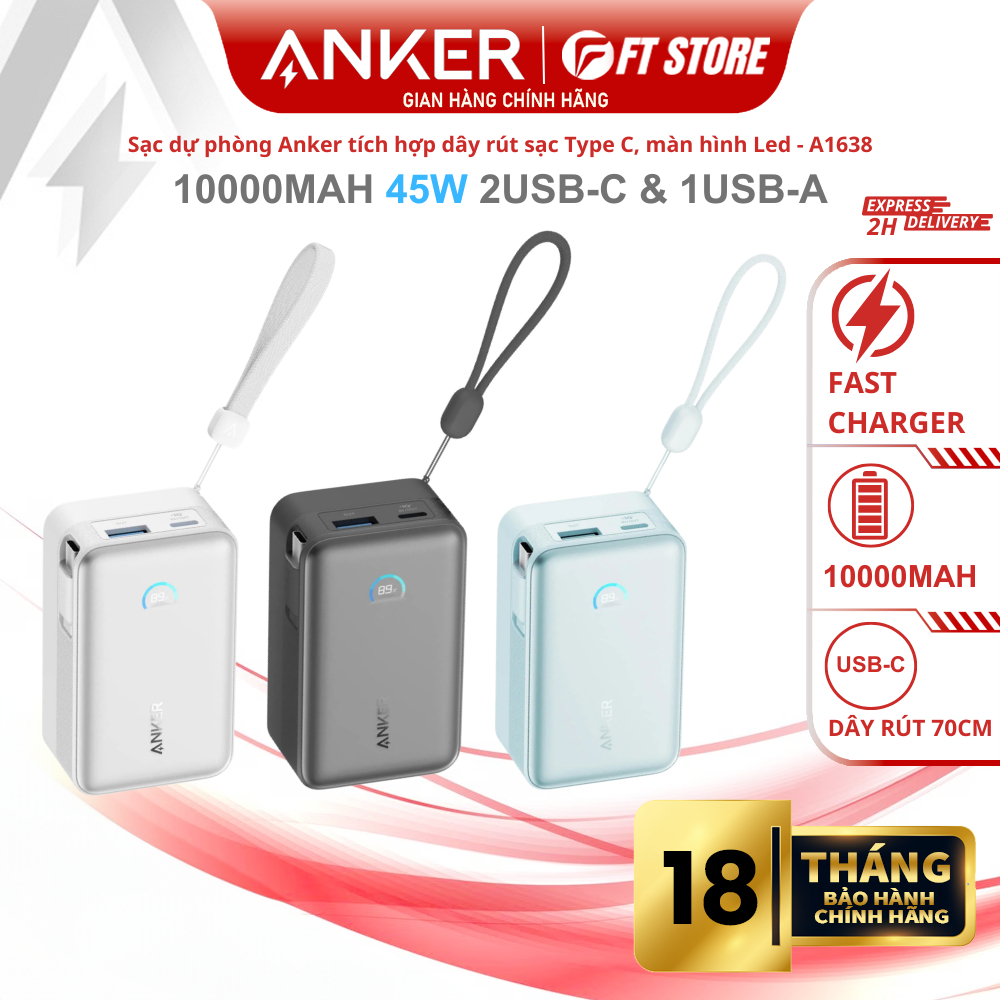 Sạc dự phòng Anker Power Bank A1638 45W 10000mAh, tích hợp cáp Type C rút gọn, màn hình thông minh