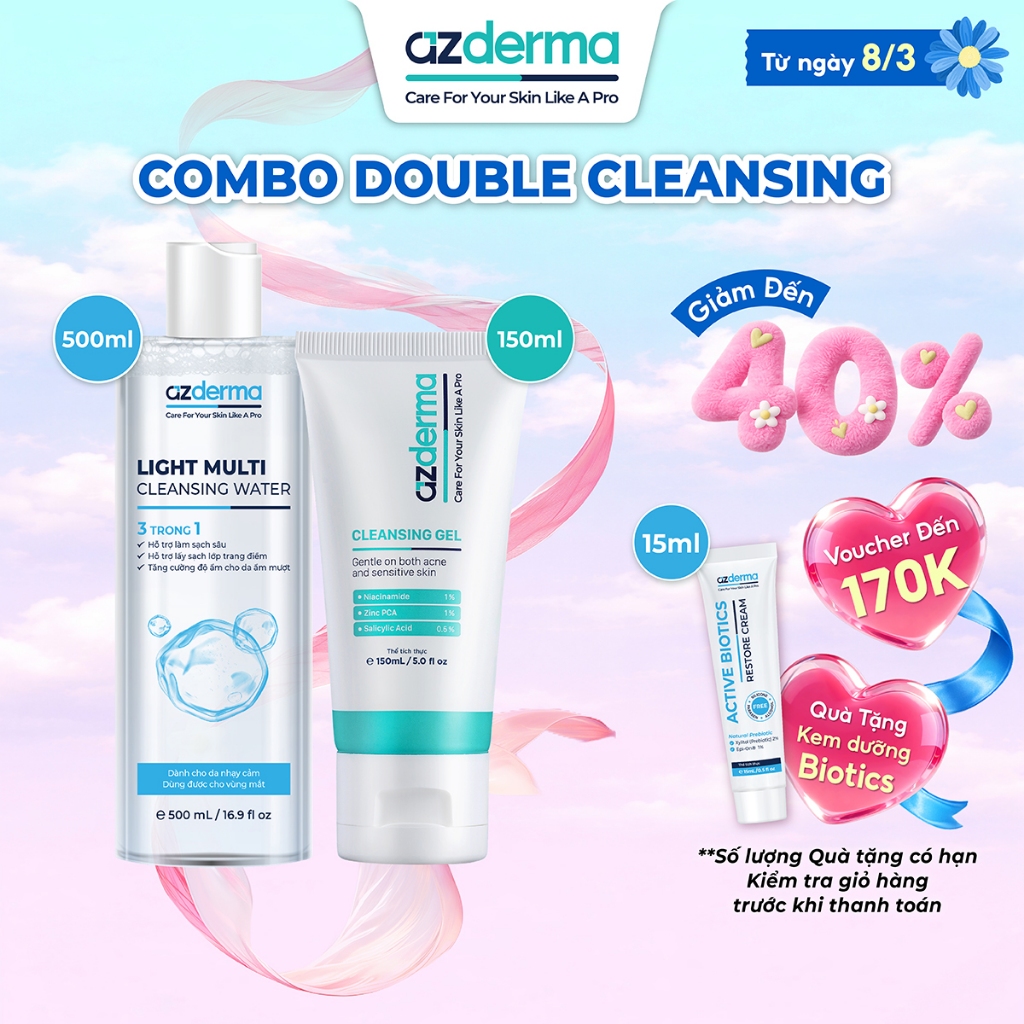 Combo SẠCH SÂU - DỊU NHẸ azderma với nước tẩy trang Light Multi Cleansing Water 500mL và gel rửa mặt Cleansing gel 150mL