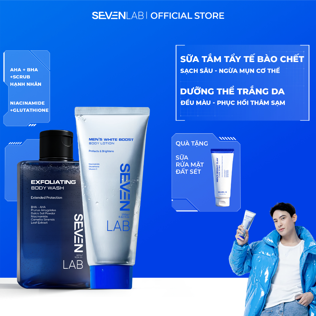 Combo sữa tắm tẩy tế bào chết và sữa dưỡng thể trắng da nam SEVENLAB giúp ngăn ngừa mụn lưng, cơ thể