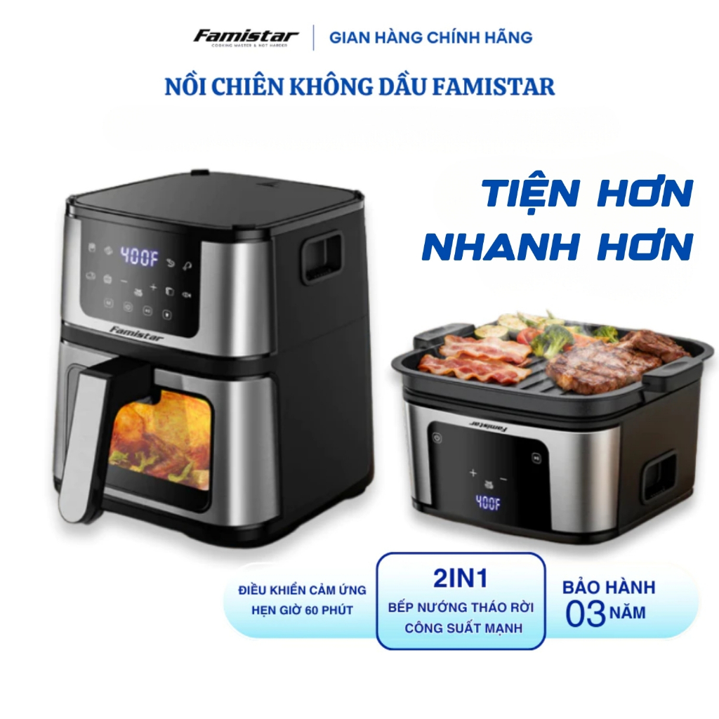 Nồi Chiên Không Dầu 5 Lít Famistar 2IN1 Chiên Và Nướng BBQ Phù Hợp Gia Đình 5Người Bảo Hành 36 Tháng