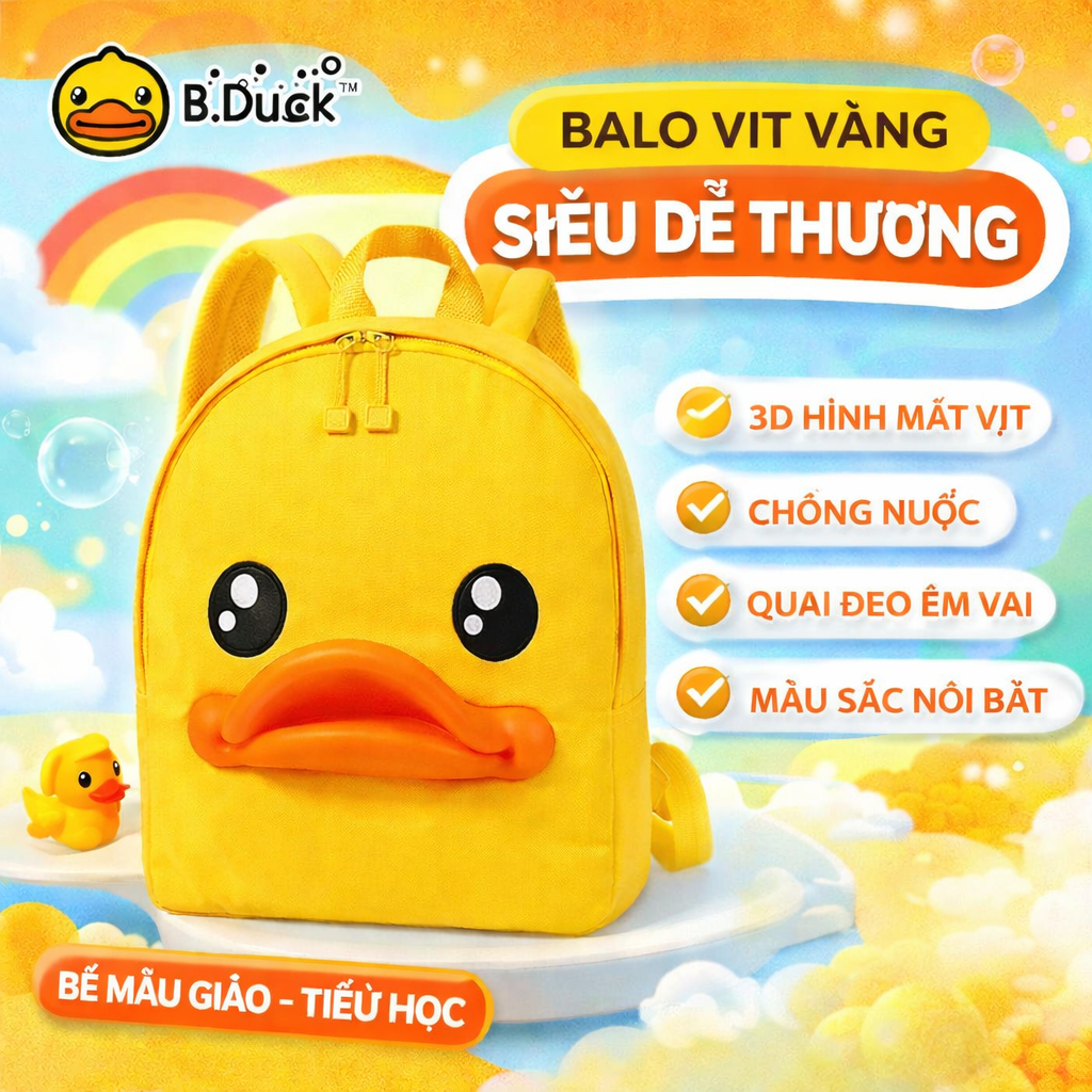 Balo Vịt Vàng B.Duck 3D Cho Bé – Ba Lô Hình Vịt Dễ Thương Chống Nước Nhẹ Êm Cho Bé Đi Học Đi Chơi