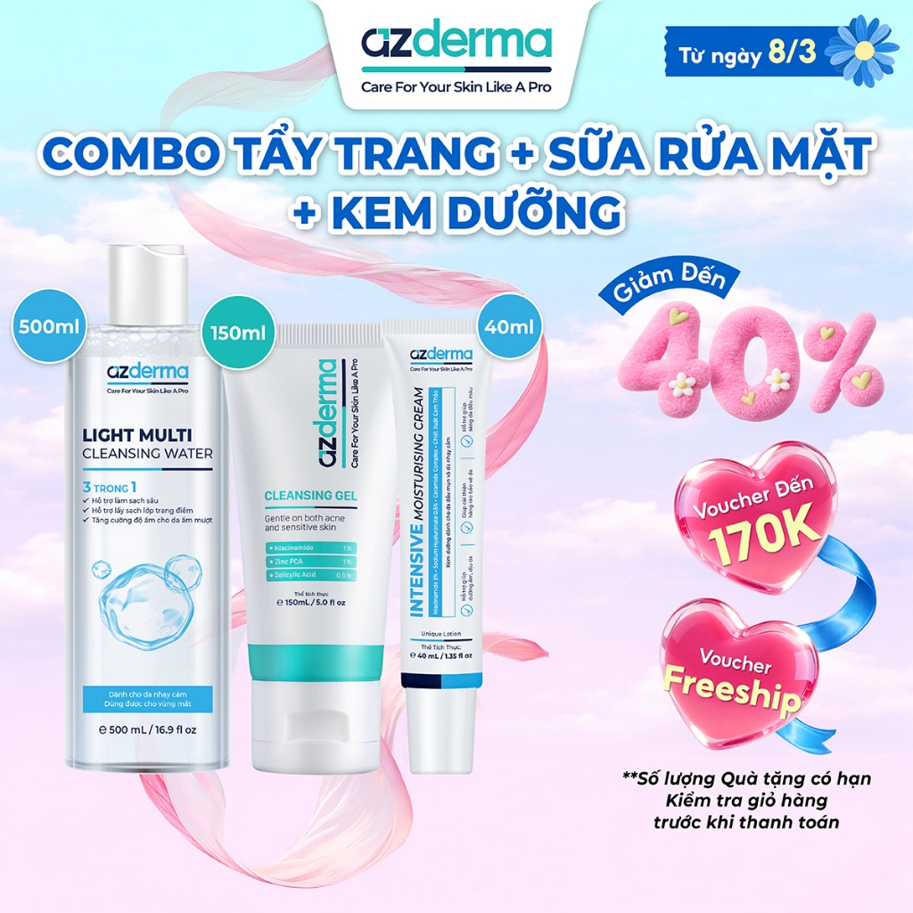 Combo Làm Sạch và Dưỡng Ẩm, sữa rửa mặt Cleansing Gel 150ml, nước tẩy trang 500ml và kem dưỡng ẩm  A