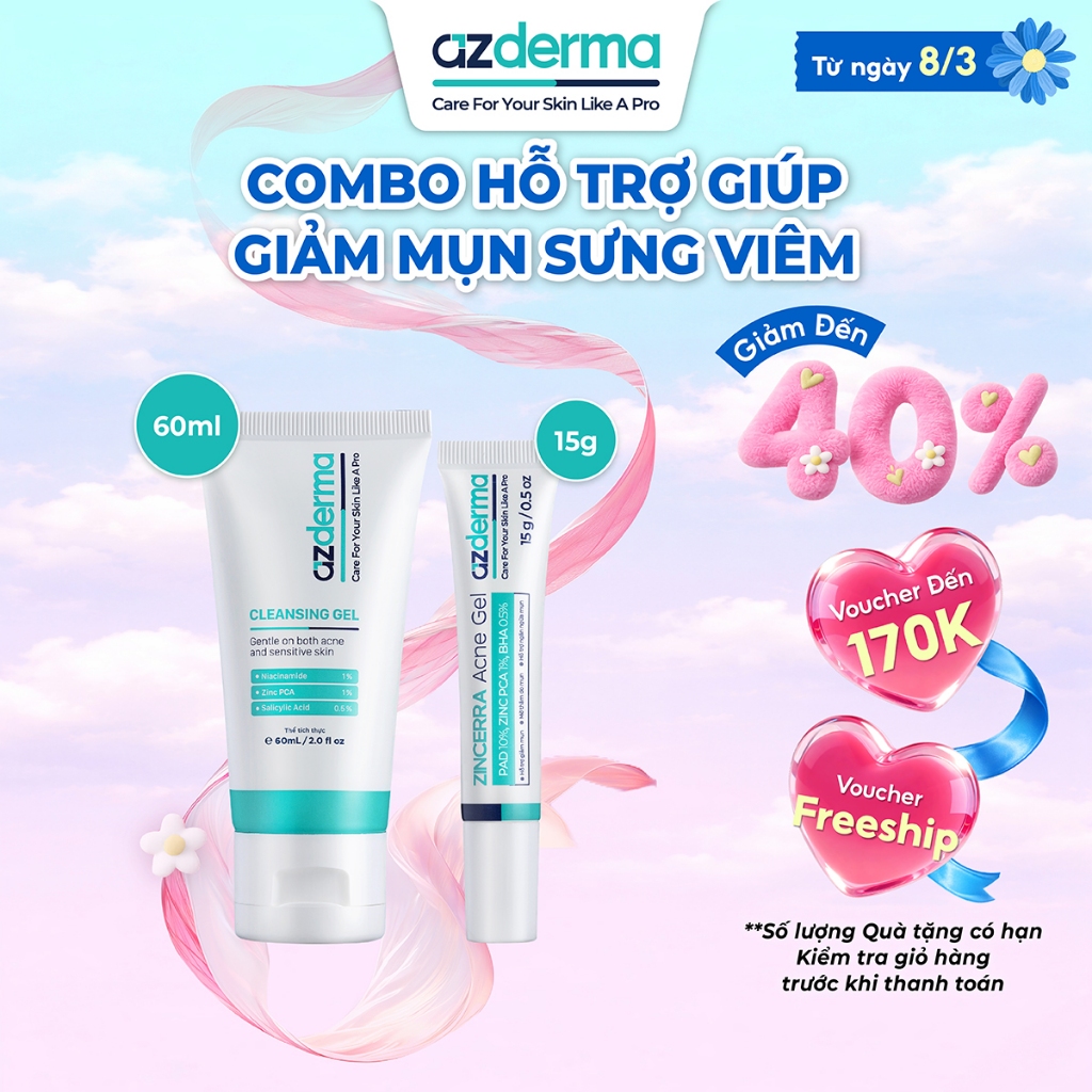 Combo Hỗ Trợ Giúp Giảm Mụn Sưng Viêm Azderma Zincerra Acne Gel 15g, Cleansing Gel Azderma 60ml