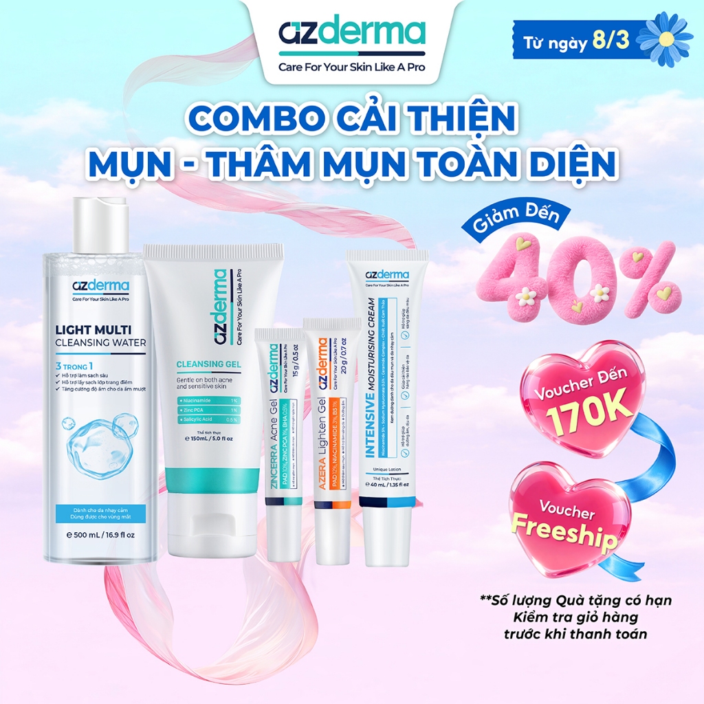 Combo cải thiện mụn , thâm toàn diện Azderma gồm tẩy trang , sữa rửa mặt , gel giảm mụn , gel giảm t