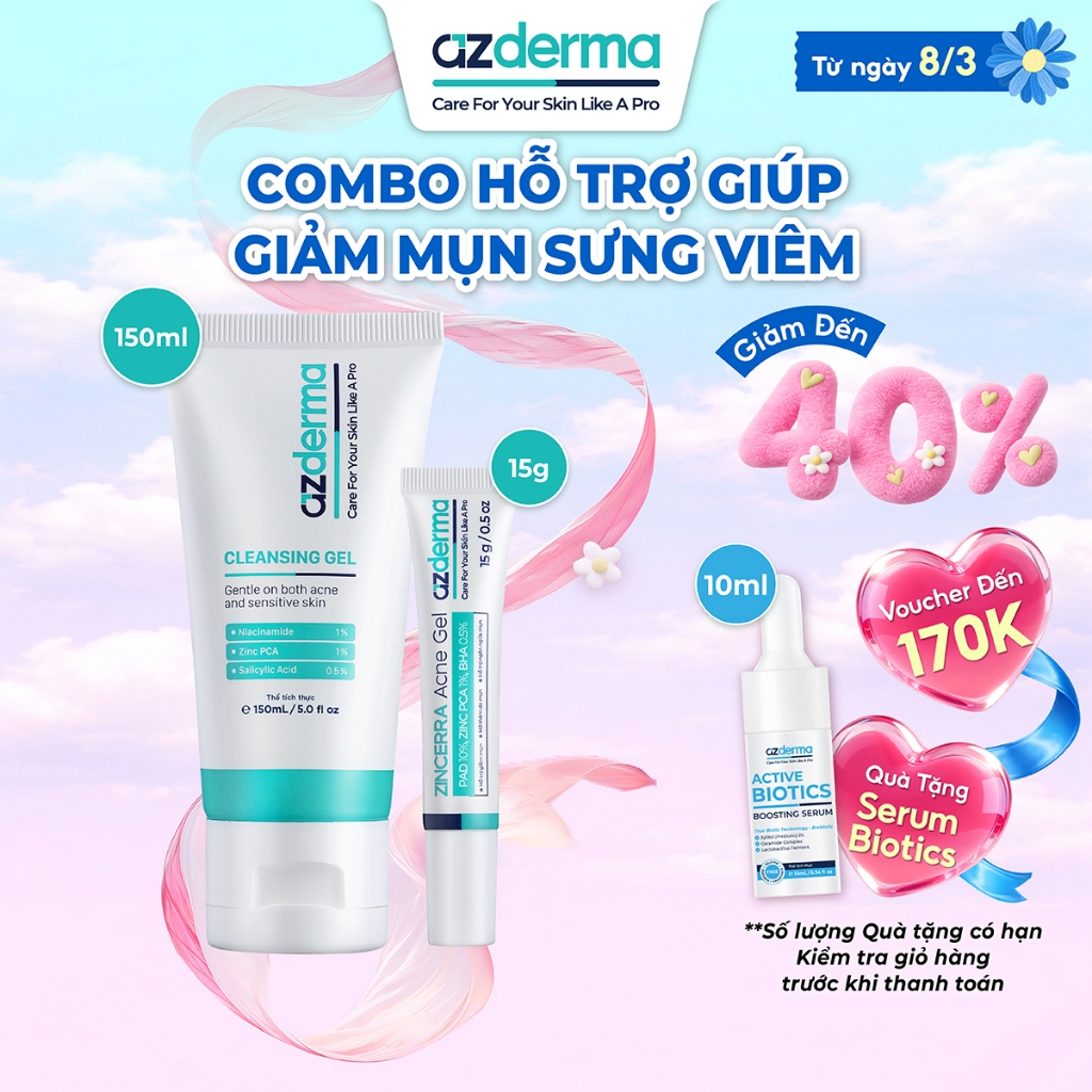 Combo Hỗ Trợ Giúp Giảm Mụn Sưng Viêm Azderma Zincerra Acne Gel 15g, Cleansing Gel Azderma 150ml