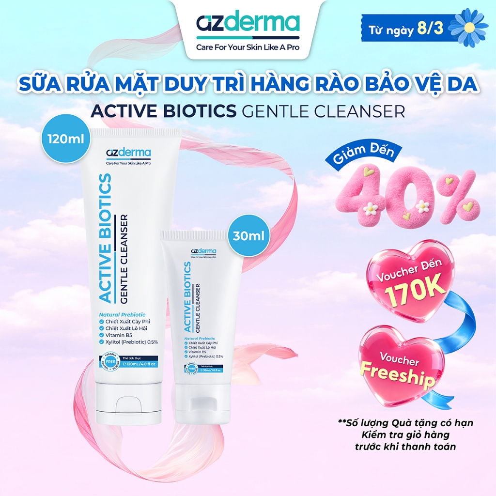 Sữa rửa mặt Azderma Active Biotics Gentle Cleanser dành cho da khô, da thường và da nhạy cảm duy trì