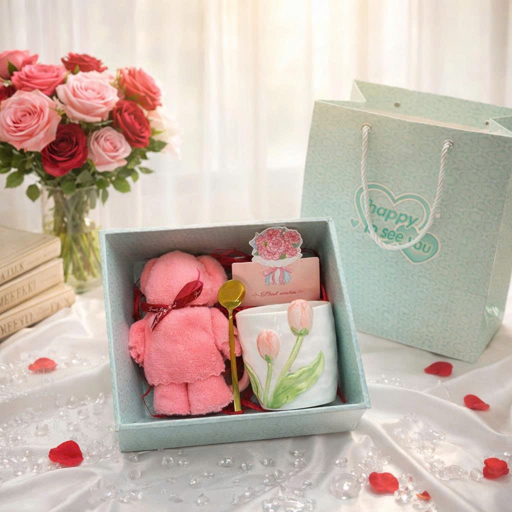 Set quà tặng Ly sứ kèm gấu, hộp quà tặng ly nước giữ nhiệt kèm  khăn tặng thiệp túi