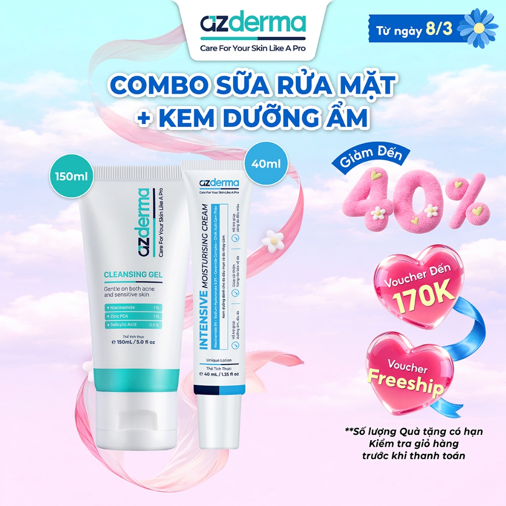 Combo Làm Sạch và Dưỡng Ẩm, sữa rửa mặt Cleansing Gel 150ml và kem dưỡng ẩm Intensive Moisturising C