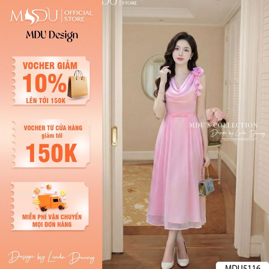 Váy công chúa tơ tằm ánh nhũ cổ đổ lệch vai đính hoa | MDU5116 | MDU Design