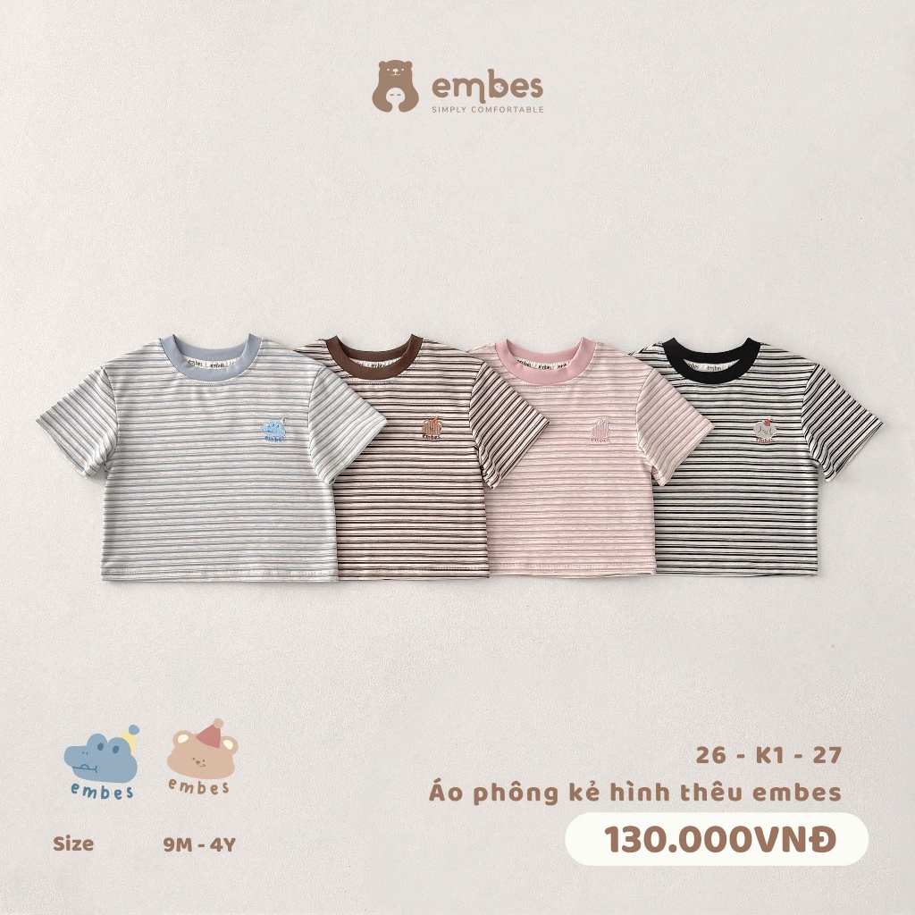 Áo Phông Cho Bé Embes, Áo Thun Cộc Tay Kẻ Ngang Thêu Hình Chất Mềm Cho Bé Trai Bé Gái Size Từ 8-18Kg