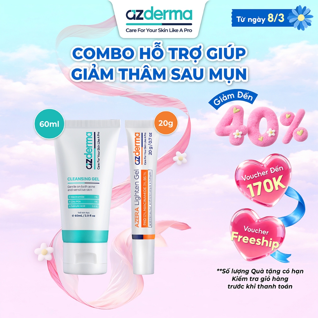 Combo Hỗ Trợ Giúp Giảm Thâm Sau Mụn Cleansing Gel Azderma 60ml, Azera Lighten Gel Azderma 20g