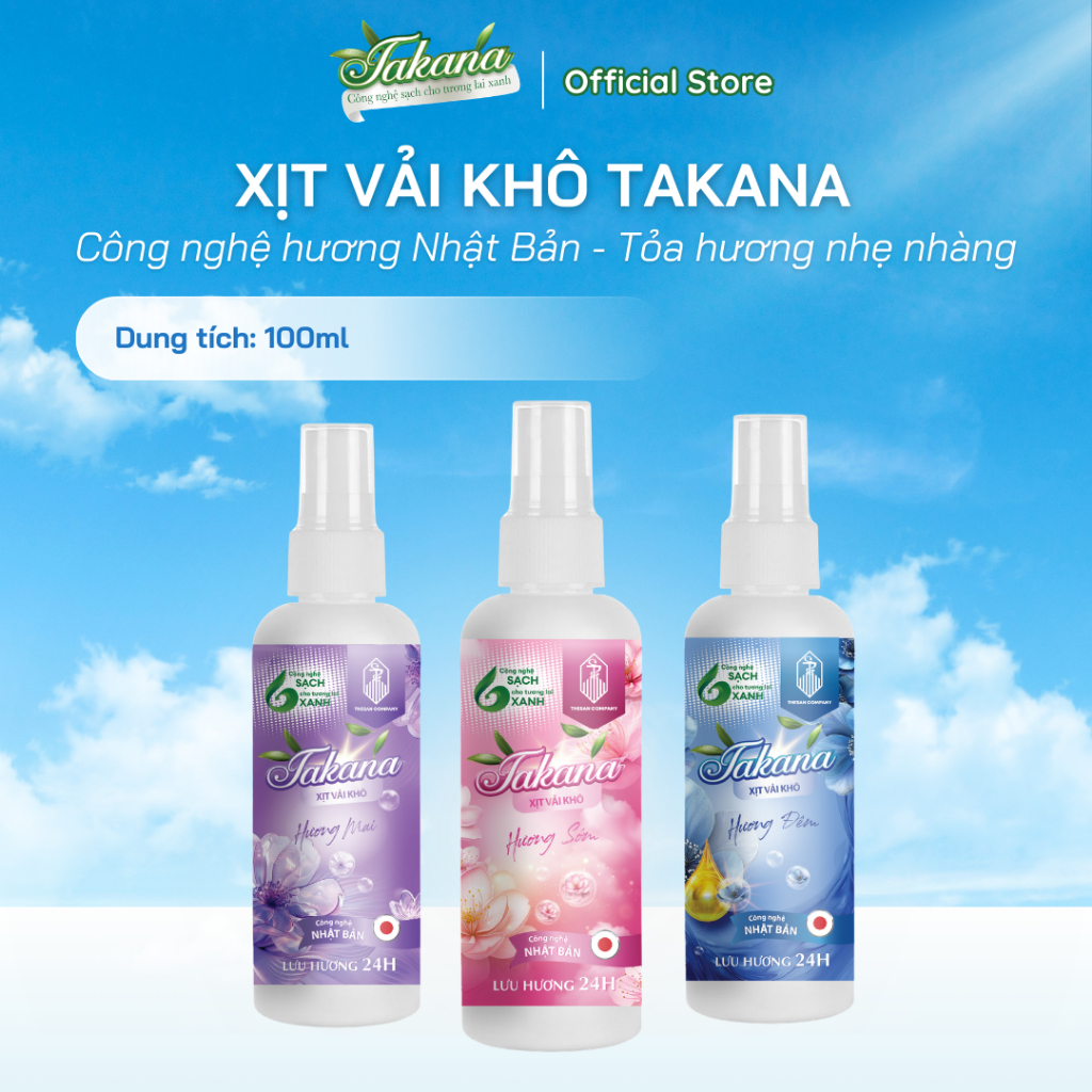 Xịt Xả Vải Khô TAKANA 100ml - Khử Mùi Nhanh, Lưu Hương 24H, Dùng Cho Quần Áo, Sofa, Chăn Ga