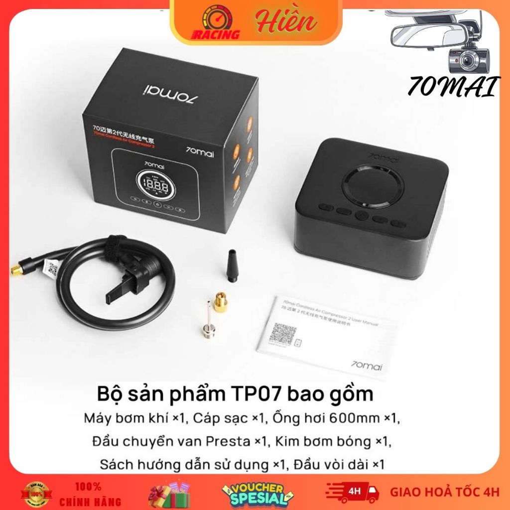 Bơm lốp ô tô 70mai TP07, Bơm lốp 70mai đầu nối van tiện lợi, tích hợp 5 chế độ bơm đa năng