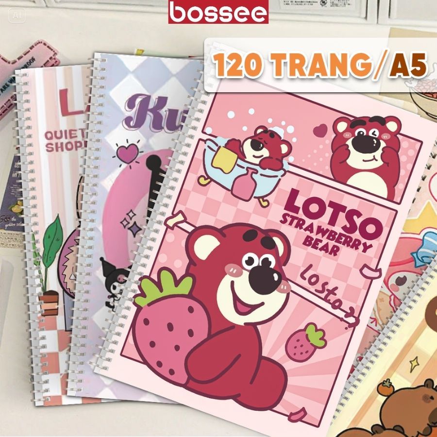 Sổ Lò Xo A5 Hoạt Hình Gấu Dâu Lotso, Capybara, Kuromi - Sổ Nhật Ký, Vở Lò Xo Kép, Notebook 120 Trang