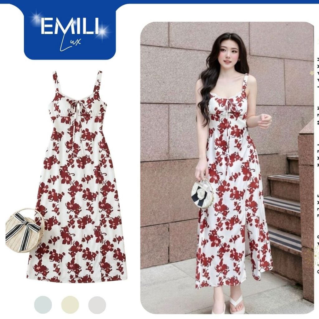 Đầm hai dây dáng xoè in hoạ tiết EMILI LUX đầm hoa đi tiệc xẻ tà phong cách Hàn Quốc [V495]