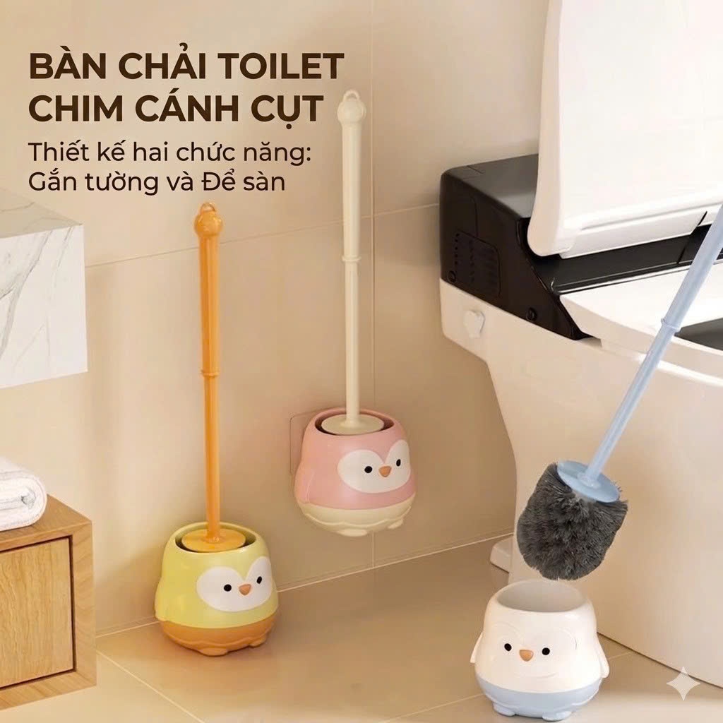 Cây cọ vs bồn cầu kèm giá cắm treo tường hình chim cánh cụt 45x13.4cm
