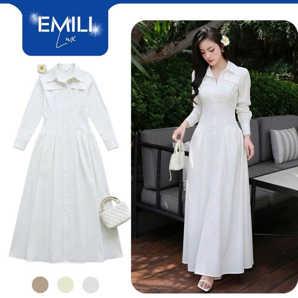 Đầm sơ mi dài tay dáng dài Emili Lux váy sơ mi liền thân chiết eo tôn dáng phong cách thanhlịch V560